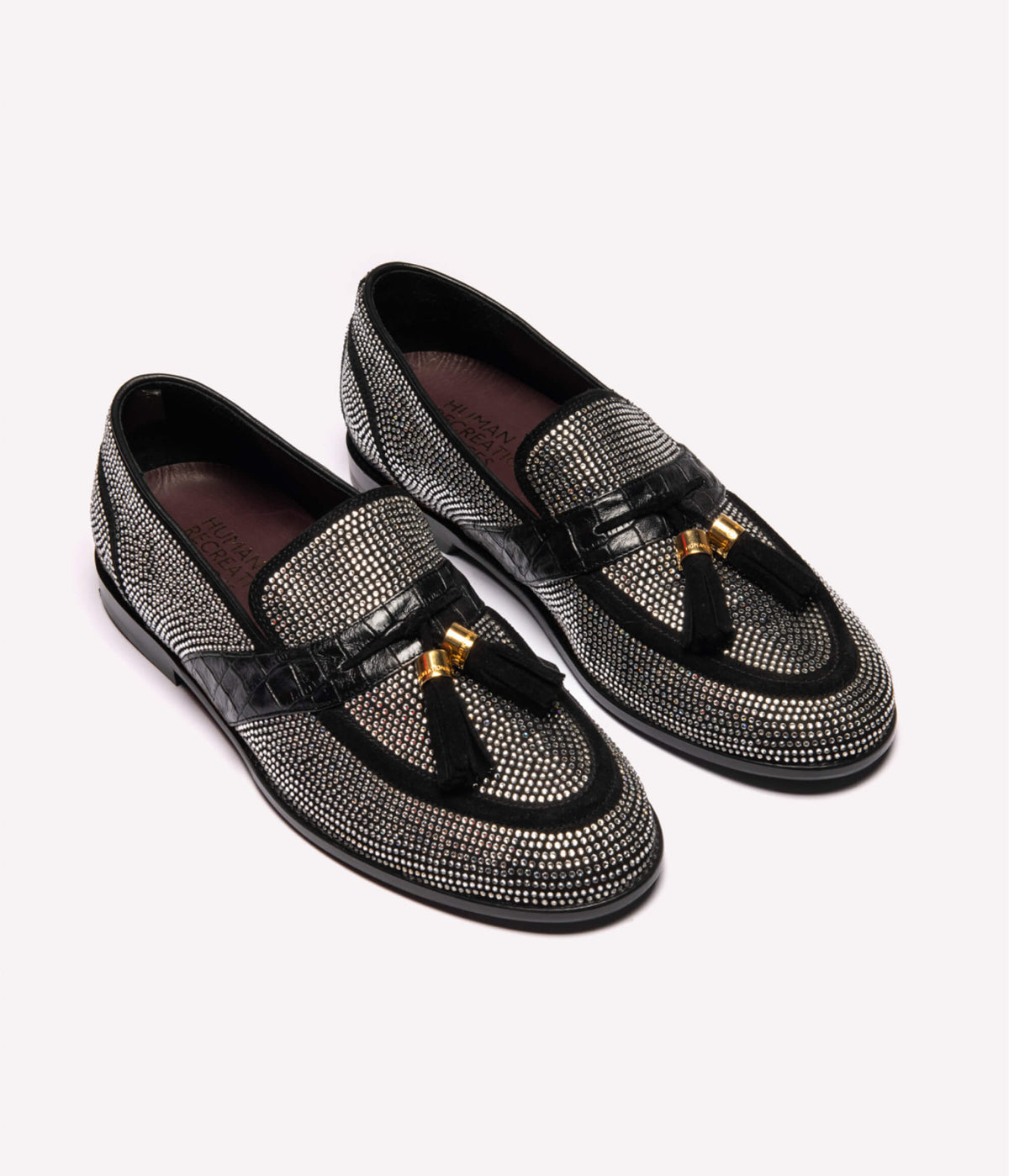 HUMAN RECREATIONAL SERVICES DEL REY LOAFER IN CRYSTAL-ENCRUSTED ITALIAN CALFSKIN SUEDE