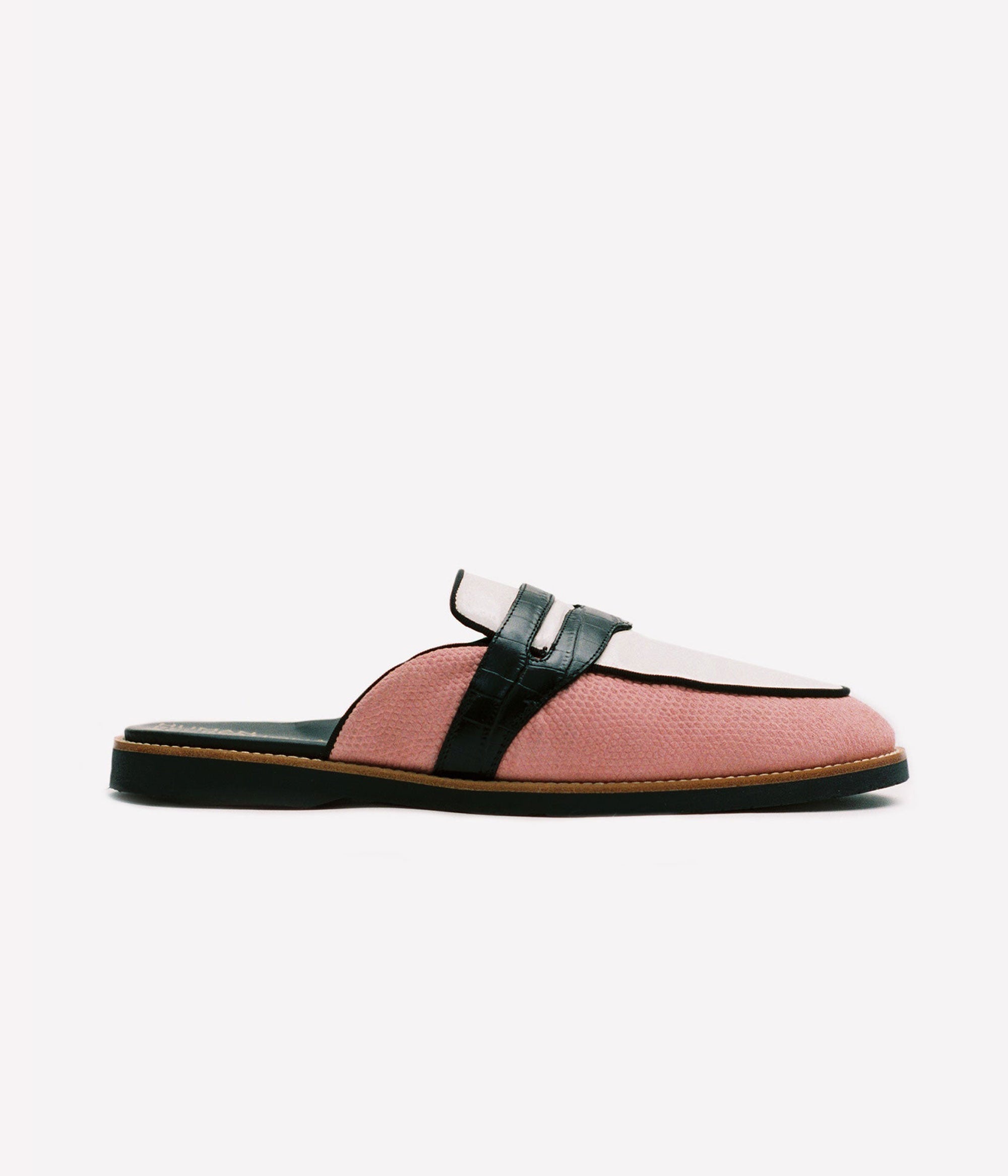 HUMAN RECREATIONAL SERVICES PALAZZO SLIPPER IN PINK BONE AND BLACK MADE WITH ITALIAN CALF SKIN