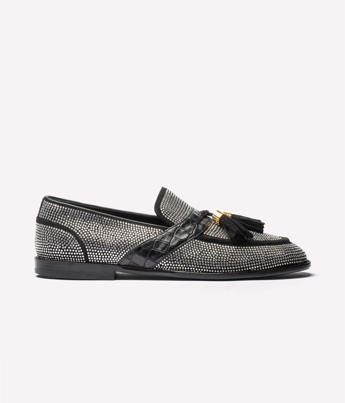 HUMAN RECREATIONAL SERVICES DEL REY LOAFER IN CRYSTAL-ENCRUSTED ITALIAN CALFSKIN SUEDE