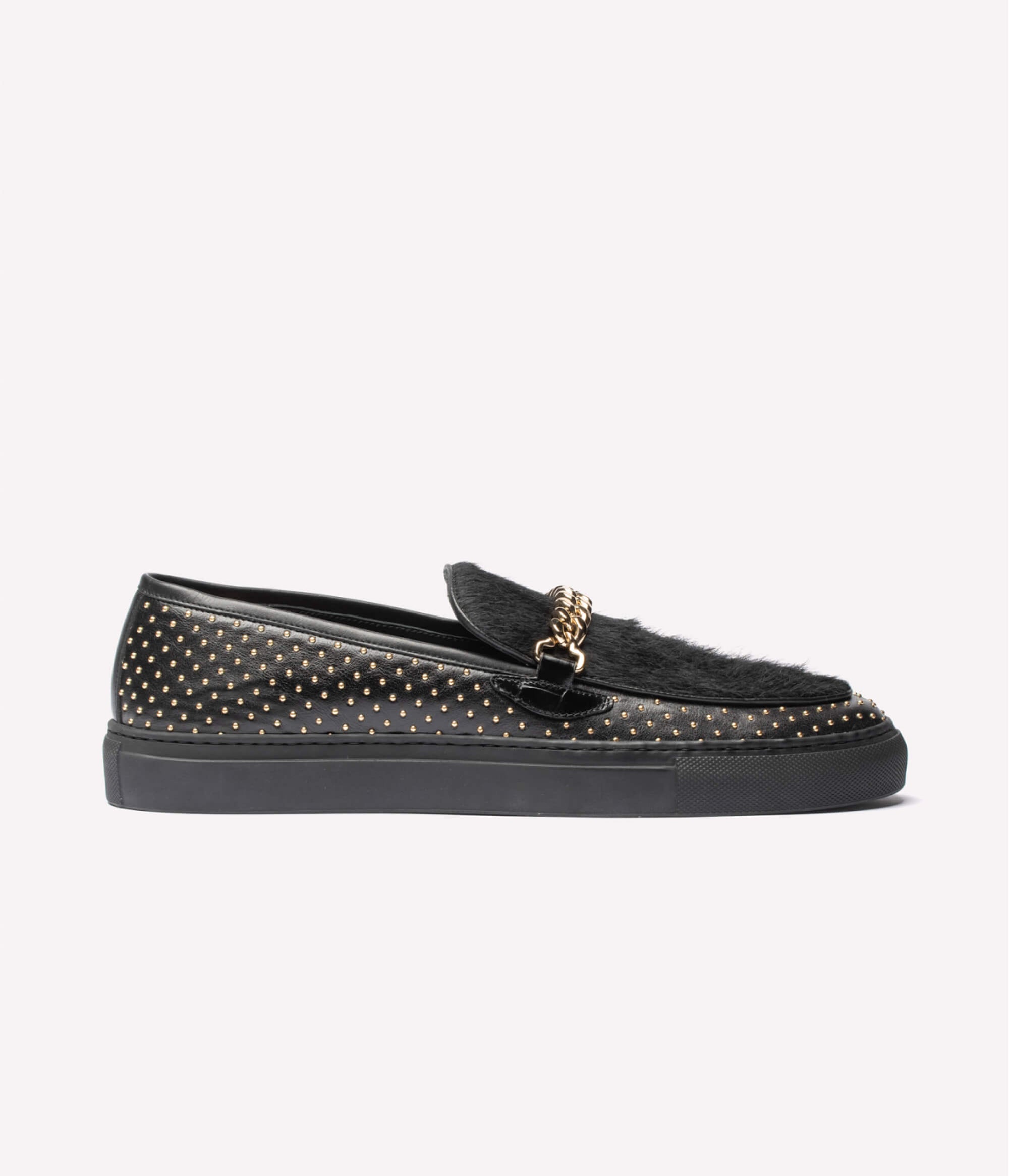 HUMAN RECREATIONAL SERVICES EL DORADO STUD BLACK LOAFER WITH A CUBAN LINK CHAIN