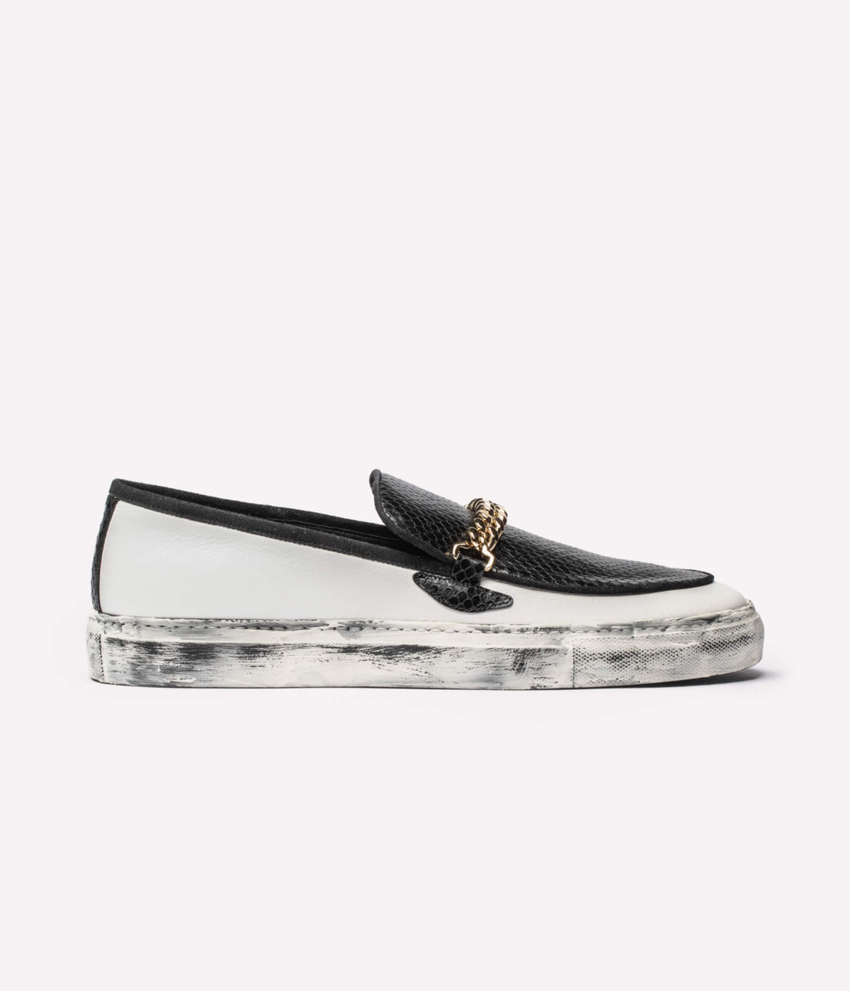 HUMAN RECREATIONAL SERVICES EL DORADO WHITE AND BLACK LOAFER WITH A CUBAN LINK CHAIN