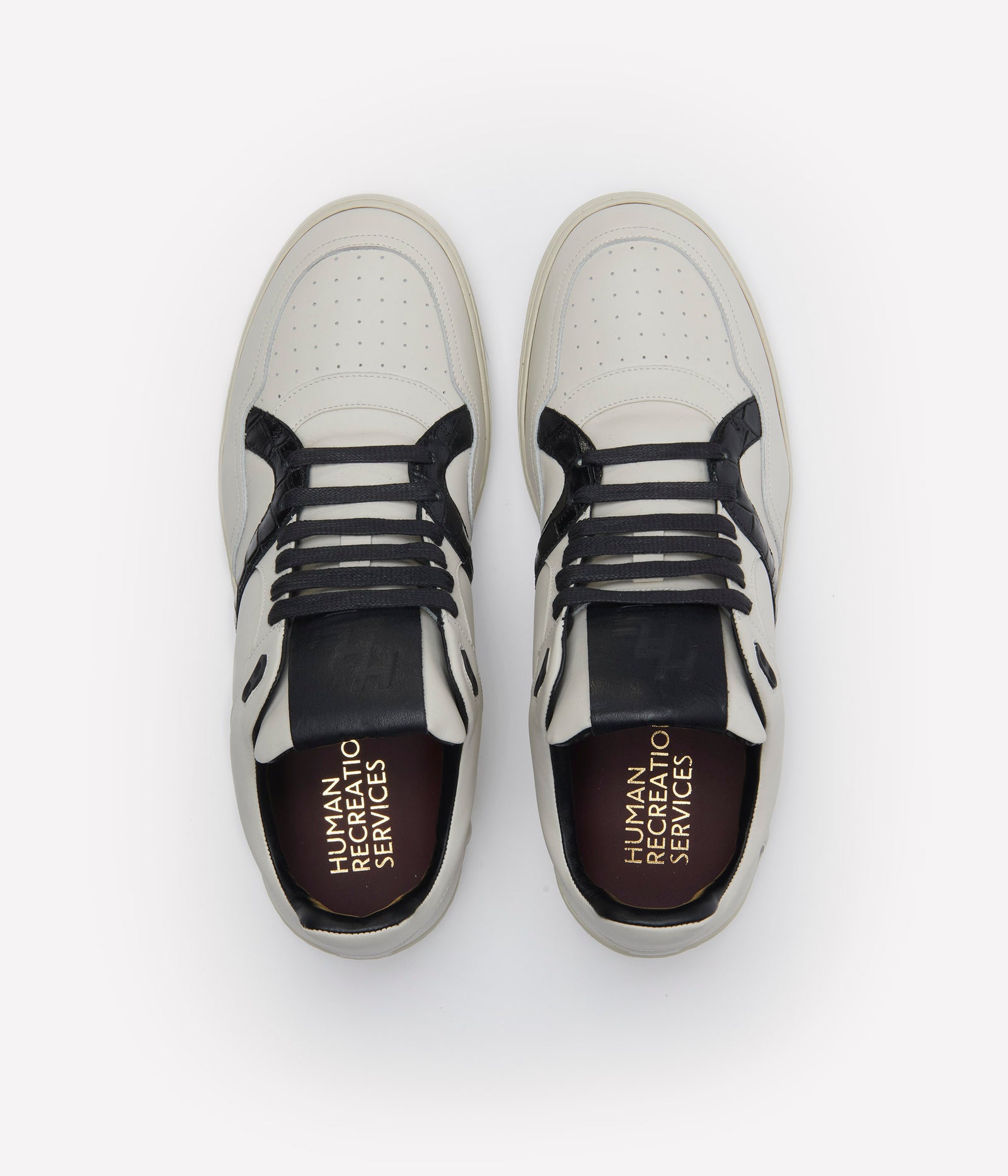 HUMAN RECREATIONAL SERVICES MONGOOSE LOW SHOE IN BONE AND BLACK MADE WITH ITALIAN CALF SKIN