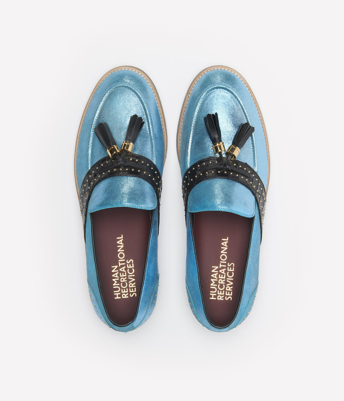 HUMAN RECREATIONAL SERVICES DEL REY TASSEL LOAFER IN LIGHT BLUE WITH EMBOSSED CROCODILE CALFSKIN