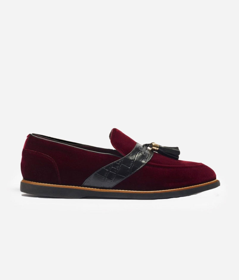 HUMAN RECREATIONAL SERVICES SILK VELVET DEL REY STUD RED WINE TASSEL LOAFER 