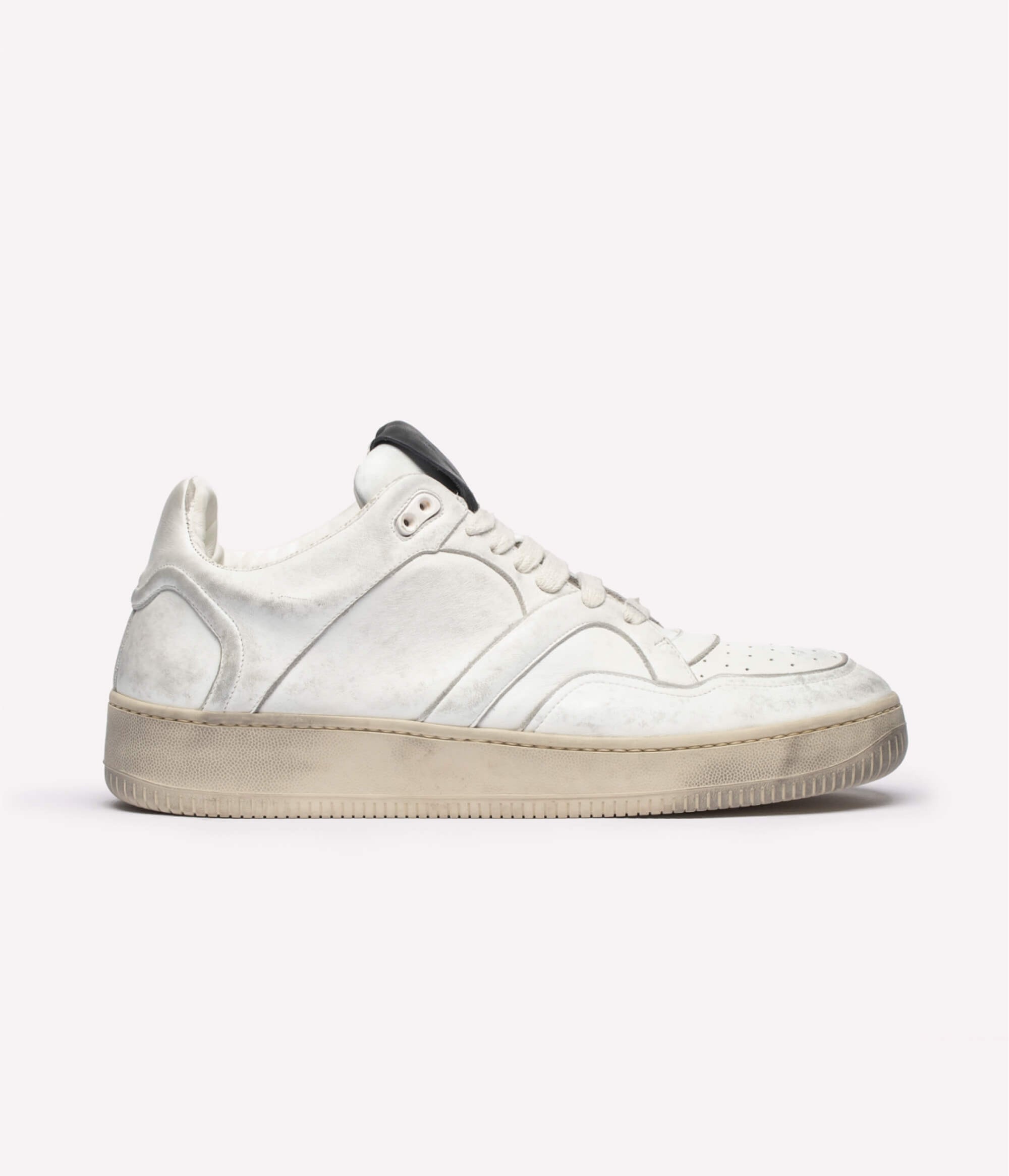 HUMAN RECREATIONAL SERVICES MONGOOSE LOW SHOE IN DISTRESSED WHITE MADE WITH ITALIAN CALF SKIN