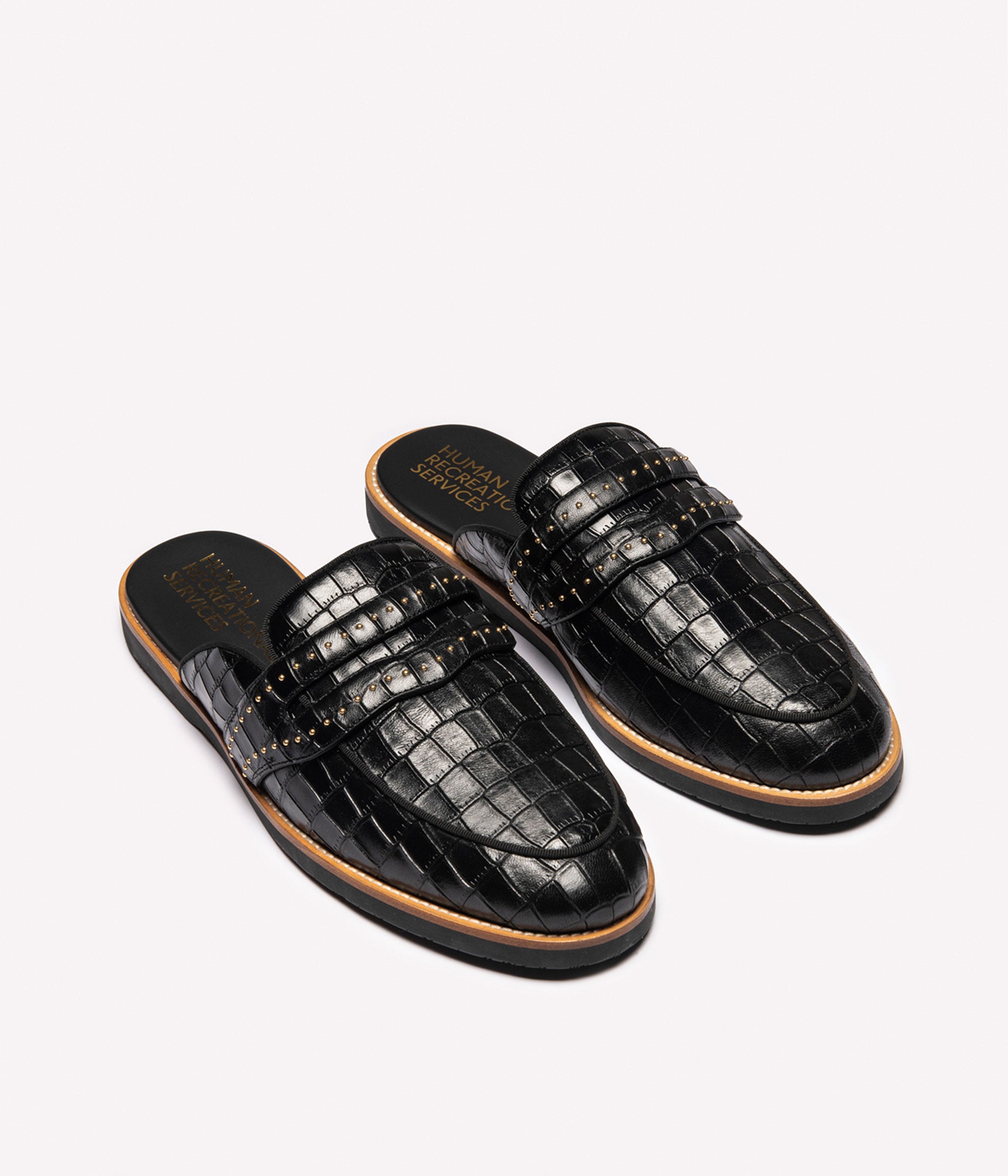 HUMAN RECREATIONAL SERVICES PALAZZO SLIPPER IN STUD BLACK MADE WITH ITALIAN CALF SKIN