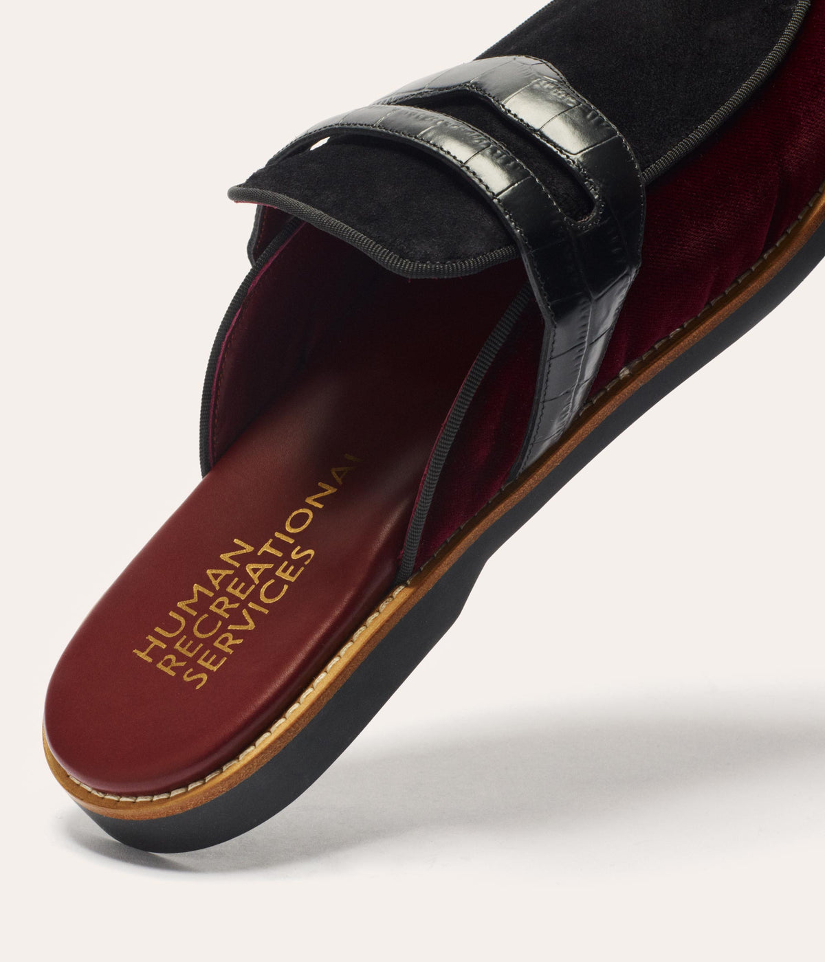 HUMAN RECREATIONAL SERVICES PALAZZO SLIPPER IN RED WINE AND BLACK MADE WITH ITALIAN CALF SKIN