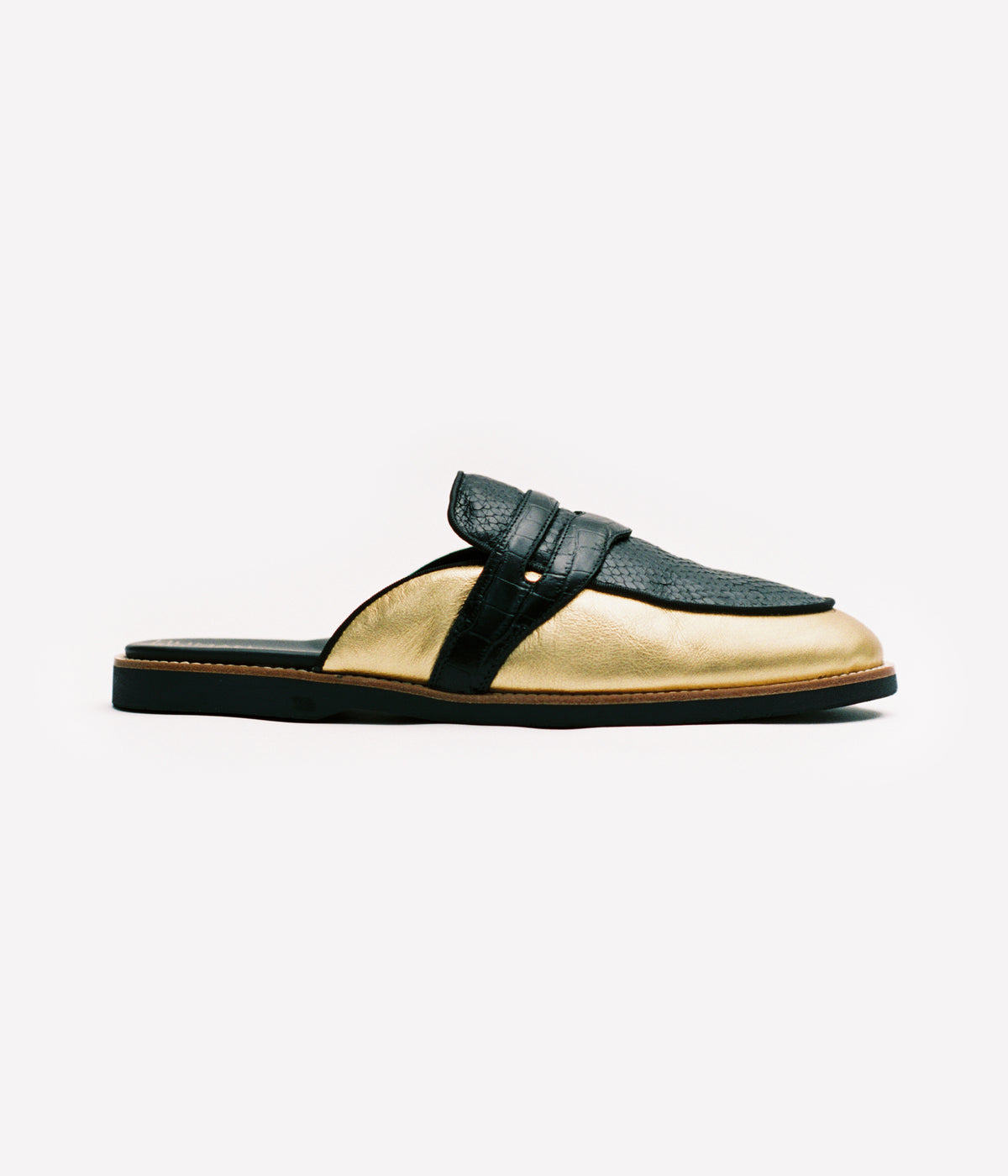 HUMAN RECREATIONAL SERVICES PALAZZO SLIPPER IN GOLD AND BLACK MADE WITH ITALIAN CALF SKIN