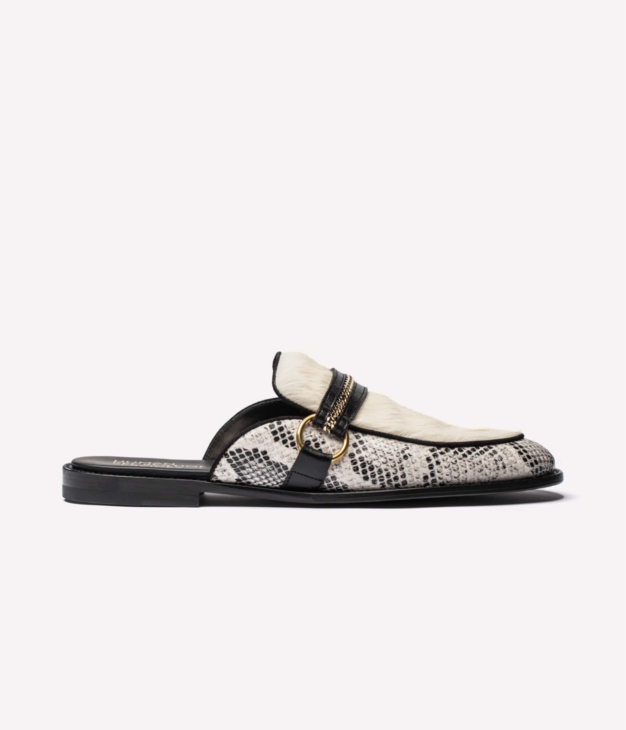 HUMAN RECREATIONAL SERVICES PALAZZO SLIPPER IN WHITE SNAKE MADE WITH ITALIAN CALF SKIN