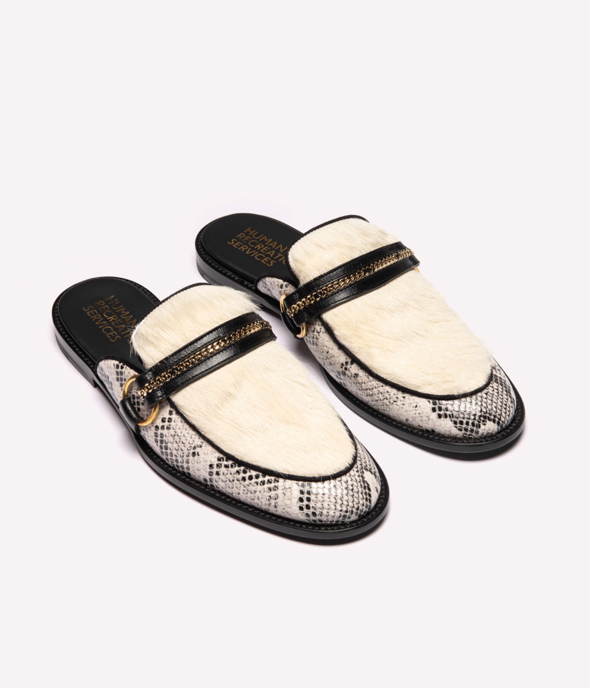 HUMAN RECREATIONAL SERVICES PALAZZO SLIPPER IN WHITE SNAKE MADE WITH ITALIAN CALF SKIN