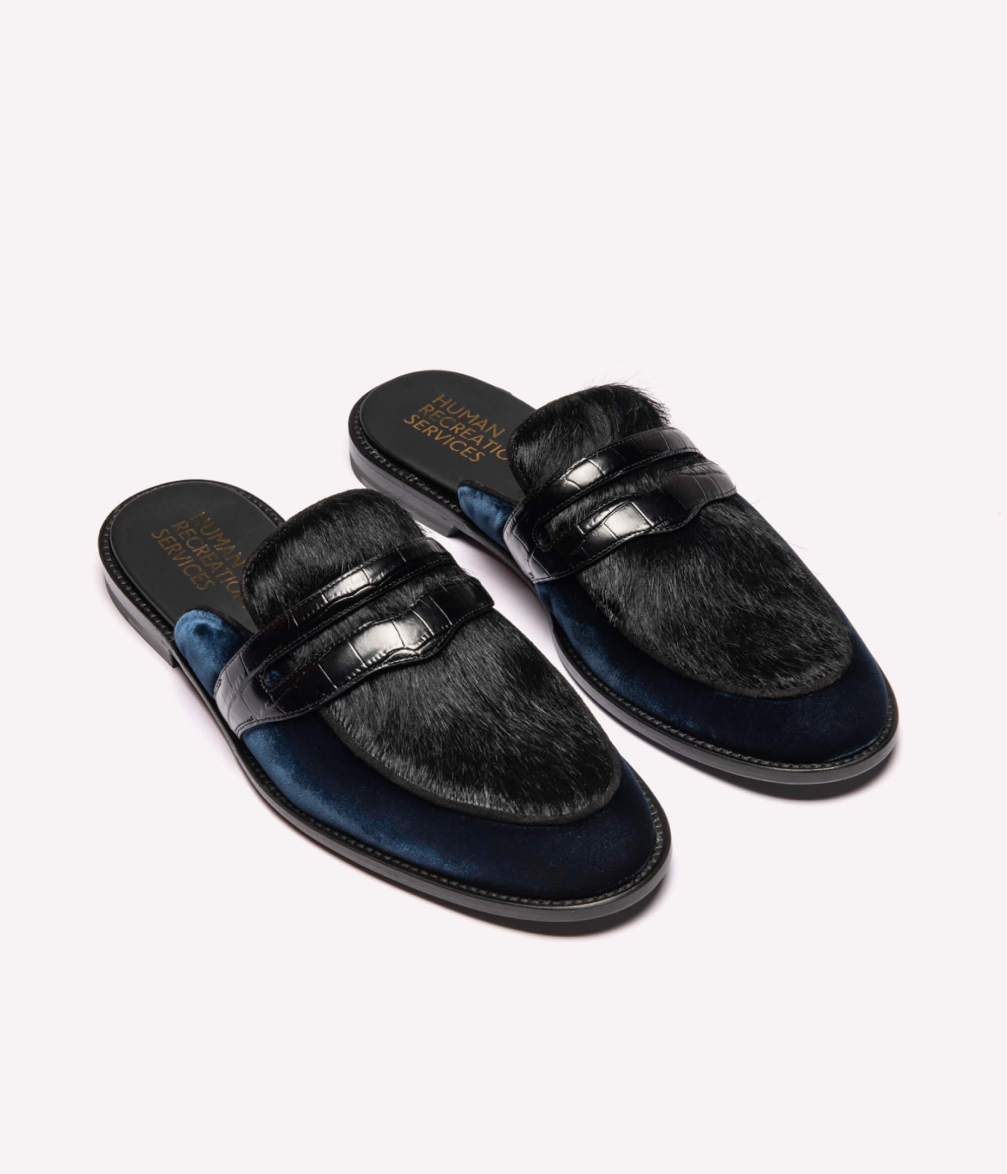HUMAN RECREATIONAL SERVICES PALAZZO SLIPPER IN DARK BLUE AND BLACK MADE WITH ITALIAN CALF SKIN