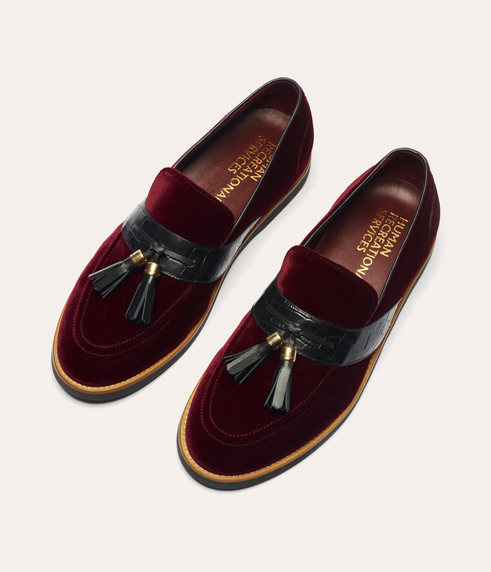 HUMAN RECREATIONAL SERVICES SILK VELVET DEL REY STUD RED WINE TASSEL LOAFER 