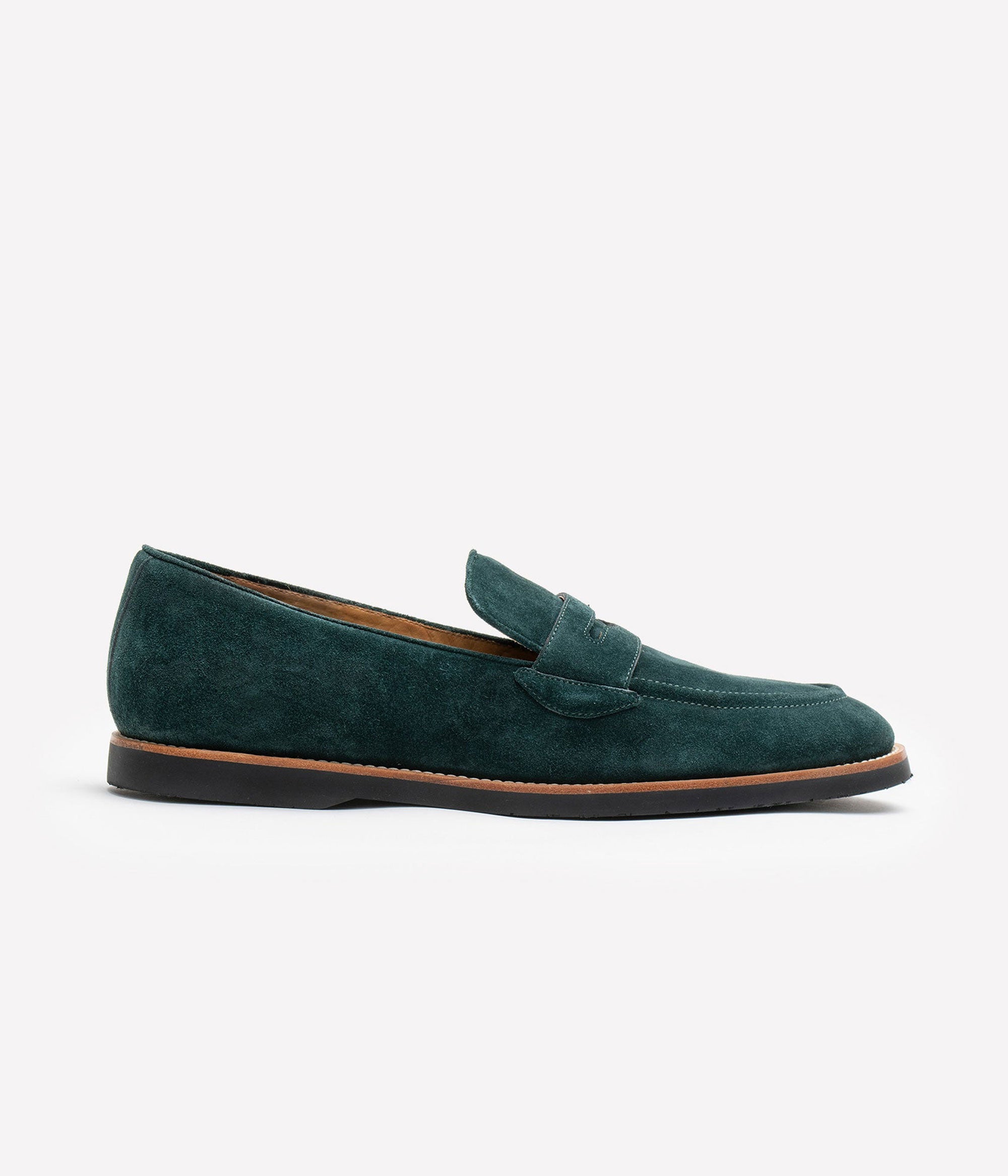HUMAN RECREATIONAL SERVICES DEL REY PENNY LOAFER IN XKE GREEN AND ITALIAN SUEDE