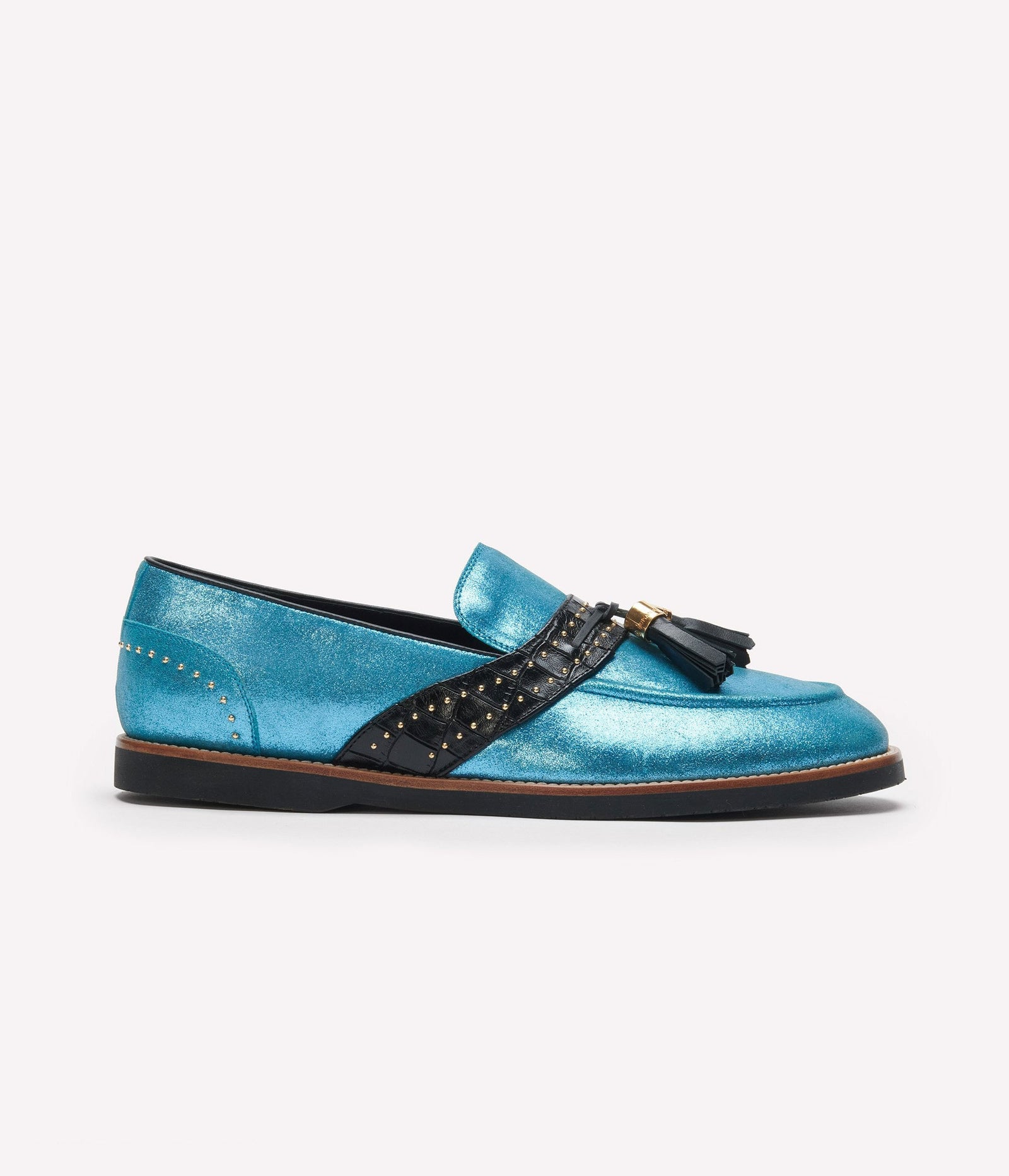 HUMAN RECREATIONAL SERVICES DEL REY TASSEL LOAFER IN LIGHT BLUE WITH EMBOSSED CROCODILE CALFSKIN