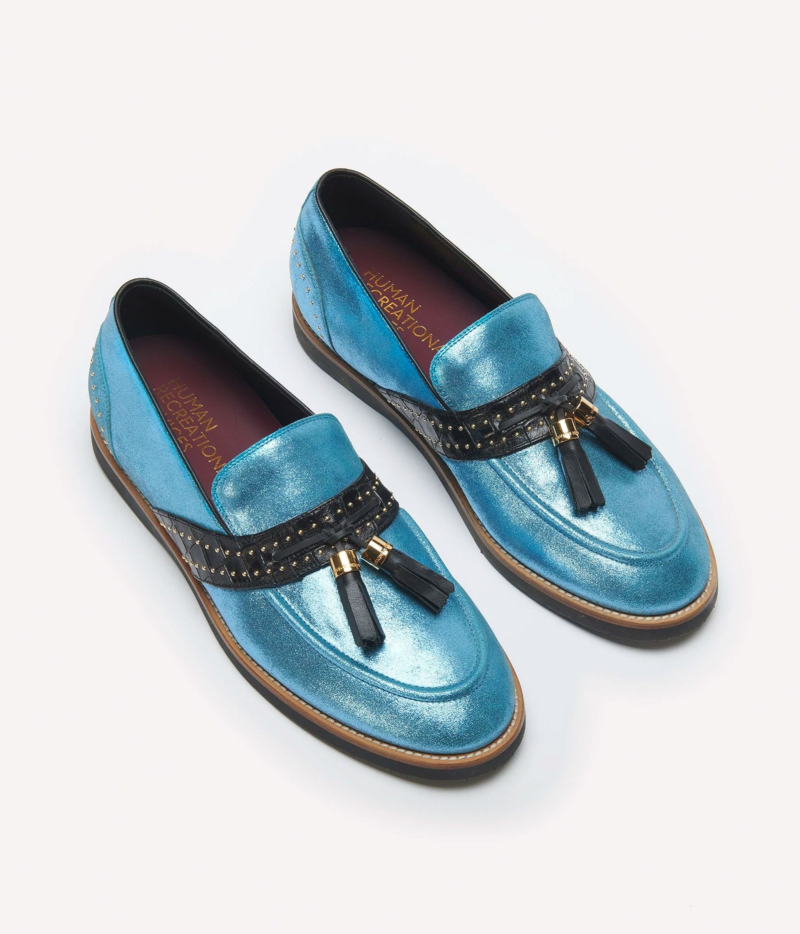 HUMAN RECREATIONAL SERVICES DEL REY TASSEL LOAFER IN LIGHT BLUE WITH EMBOSSED CROCODILE CALFSKIN