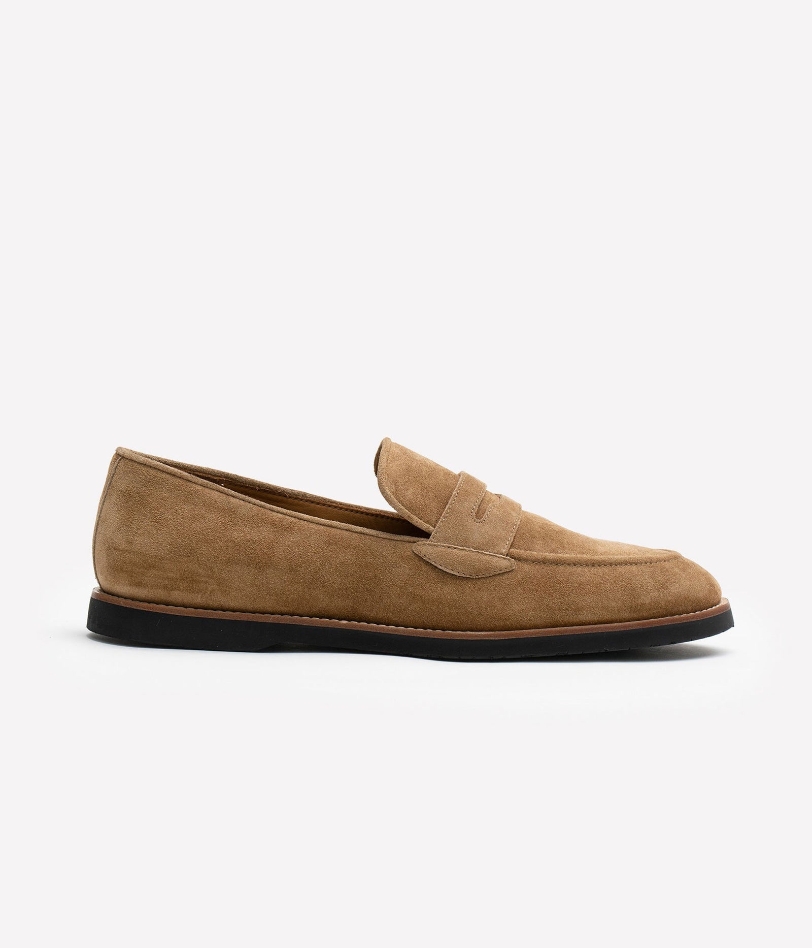 HUMAN RECREATIONAL SERVICES DEL REY PENNY LOAFER IN TUSCAN TAN AND ITALIAN SUEDE 