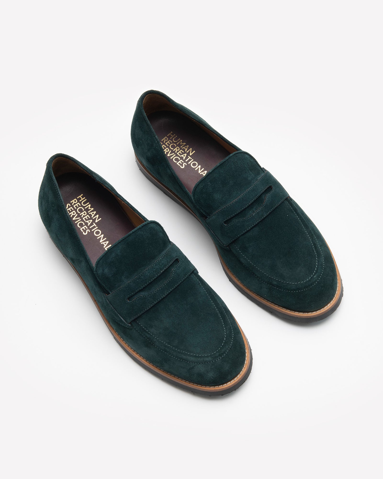 HUMAN RECREATIONAL SERVICES DEL REY PENNY LOAFER IN XKE GREEN AND ITALIAN SUEDE
