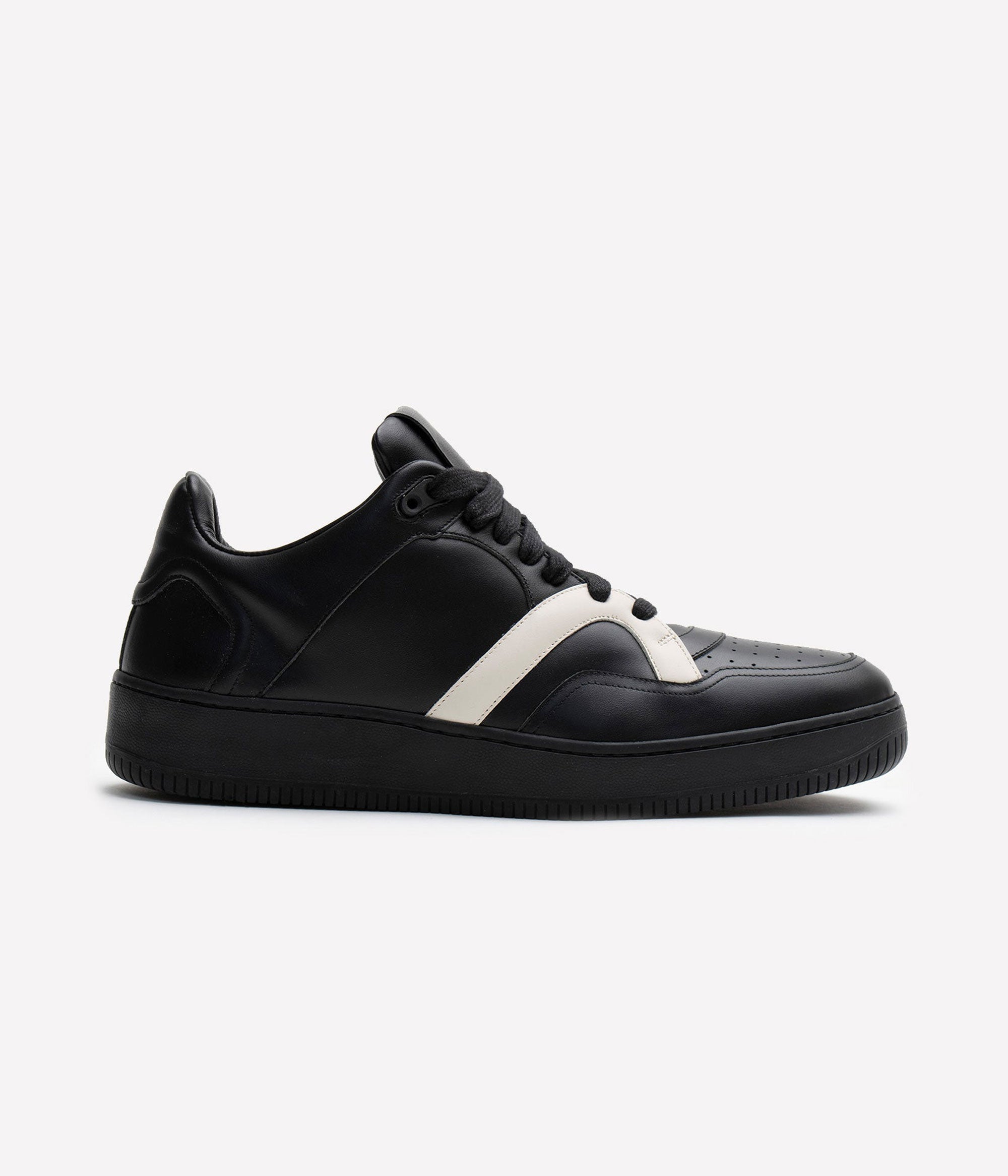 HUMAN RECREATIONAL SERVICES MONGOOSE LOW SHOE IN BLACK AND BONE MADE WITH ITALIAN CALF SKIN