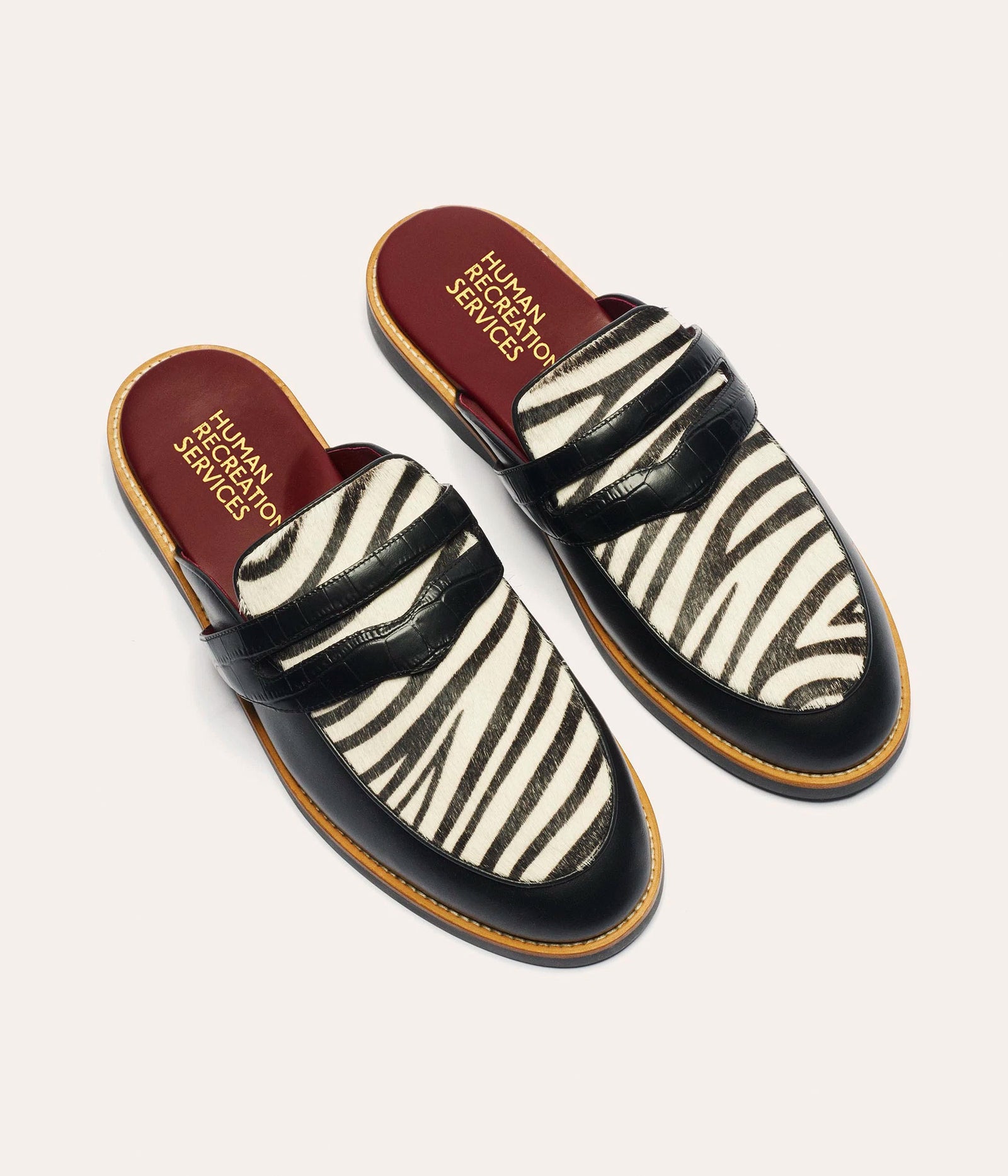 HUMAN RECREATIONAL SERVICES PALAZZO SLIPPER IN ZEBRA PRINT MADE WITH ITALIAN CALF SKIN