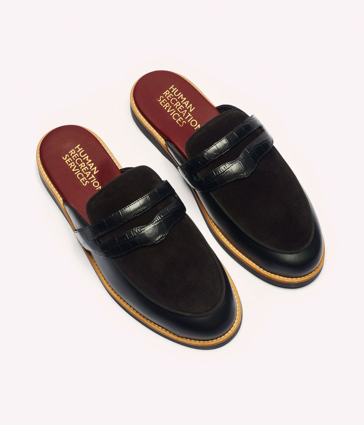 HUMAN RECREATIONAL SERVICES PALAZZO SLIPPER IN BLACK MADE WITH ITALIAN CALF SKIN