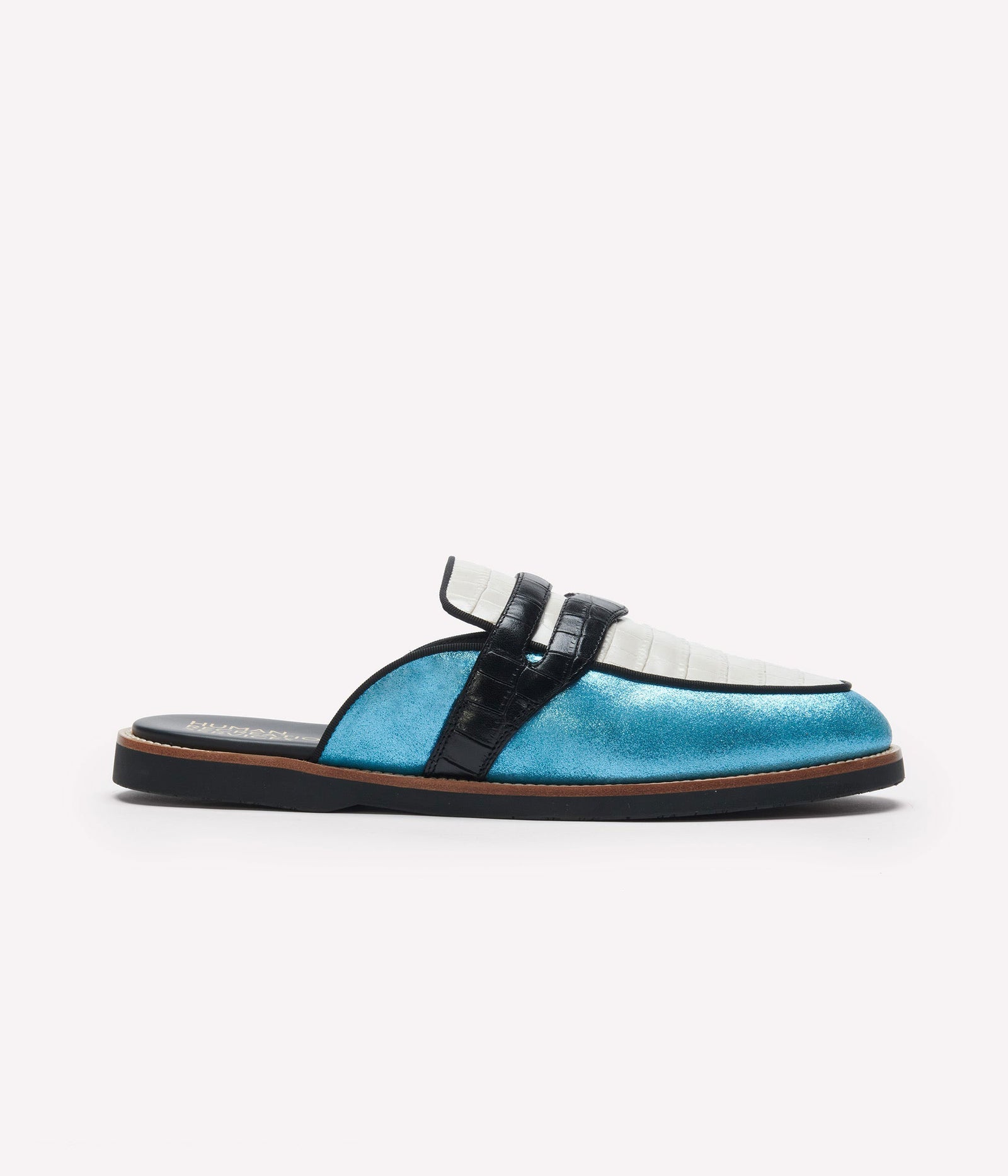 HUMAN RECREATIONAL SERVICES PALAZZO SLIPPER IN BLACK BONE AND LIGHT BLUE MADE WITH ITALIAN CALF SKIN