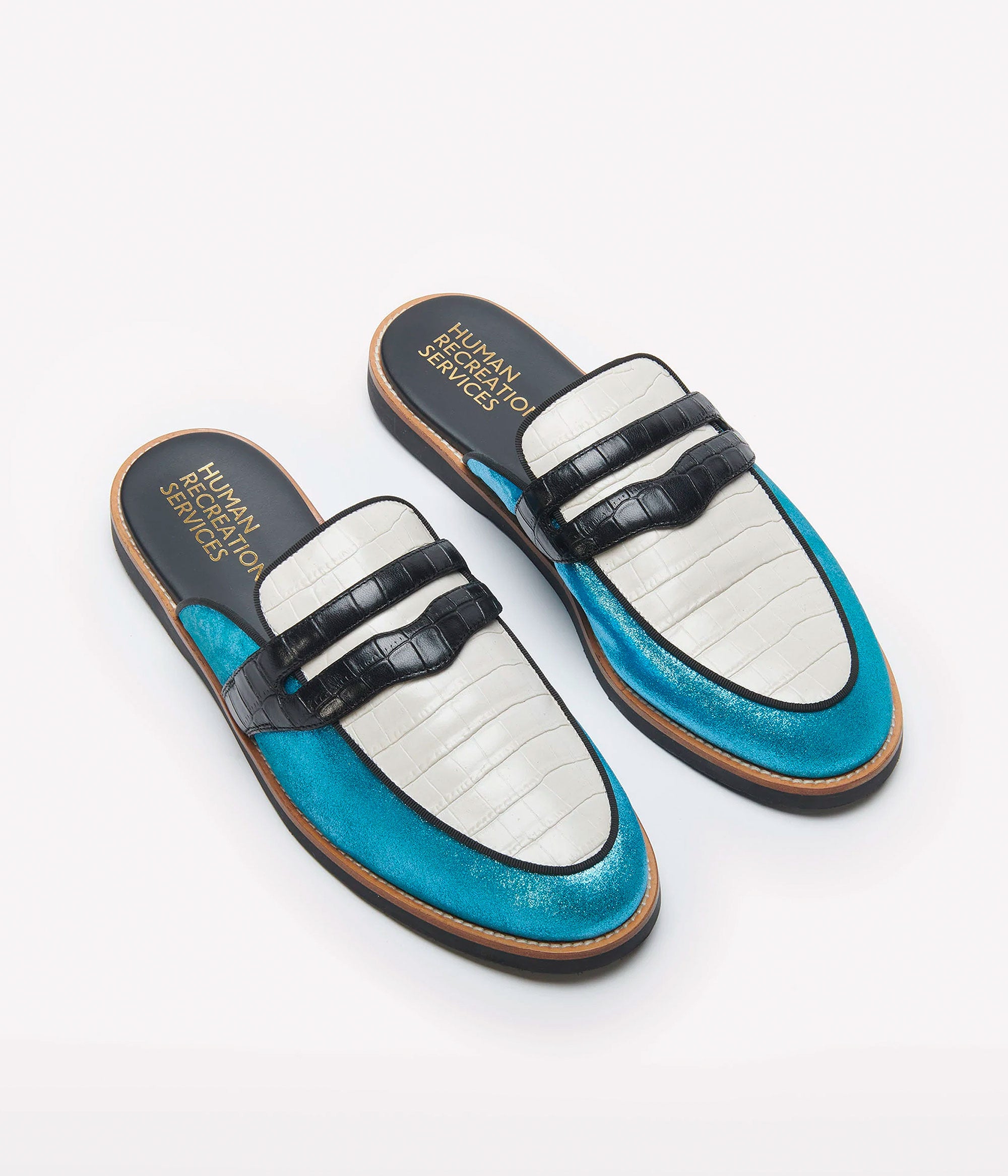 HUMAN RECREATIONAL SERVICES PALAZZO SLIPPER IN BLACK BONE AND LIGHT BLUE MADE WITH ITALIAN CALF SKIN