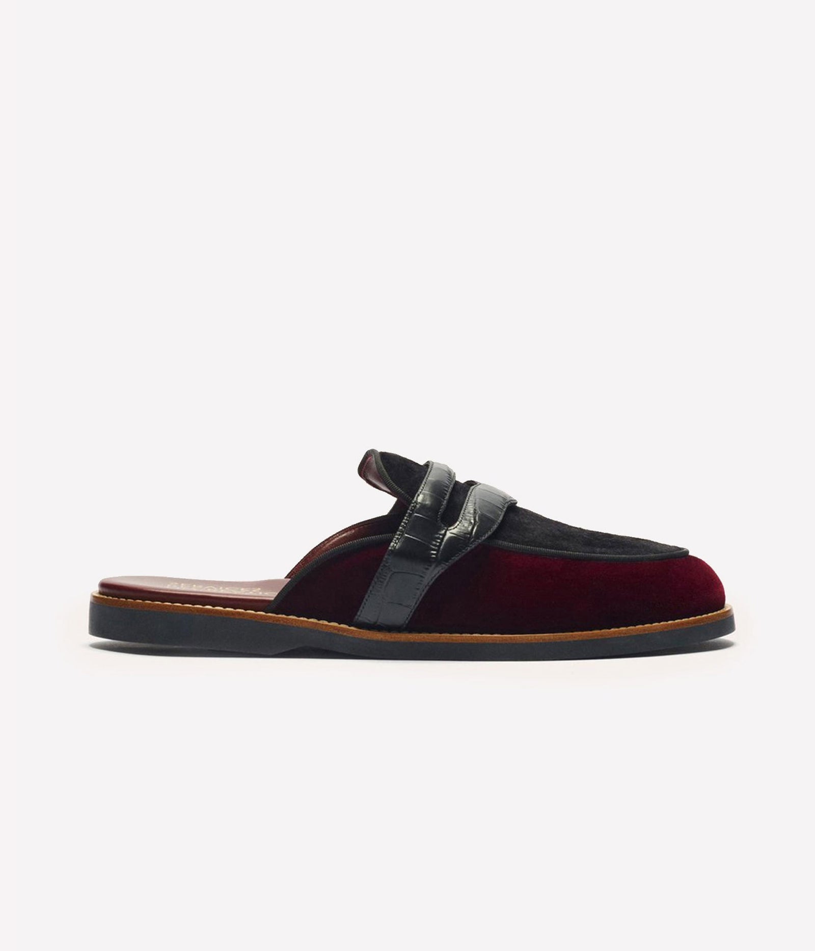 HUMAN RECREATIONAL SERVICES PALAZZO SLIPPER IN RED WINE AND BLACK MADE WITH ITALIAN CALF SKIN