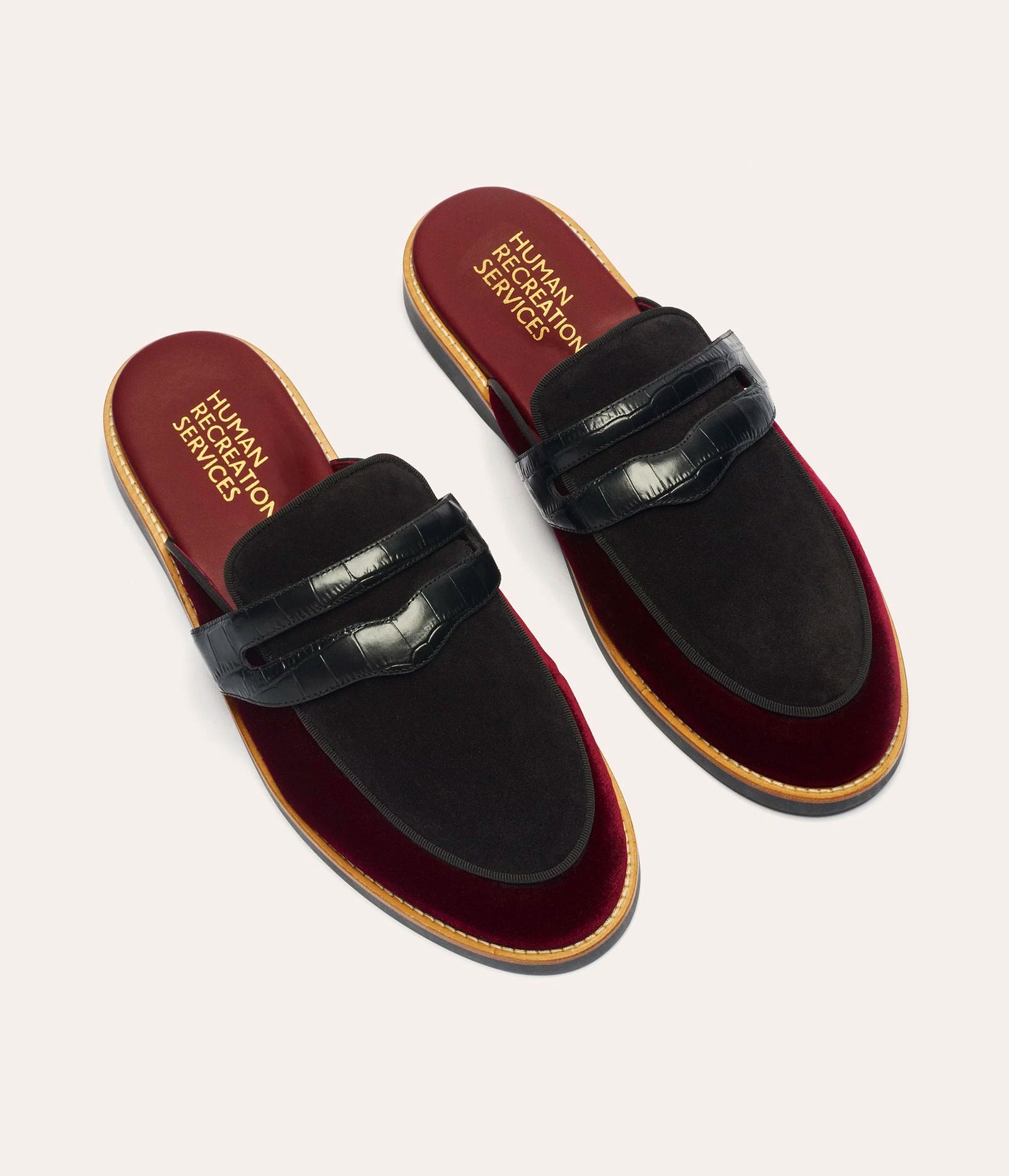 HUMAN RECREATIONAL SERVICES PALAZZO SLIPPER IN RED WINE AND BLACK MADE WITH ITALIAN CALF SKIN